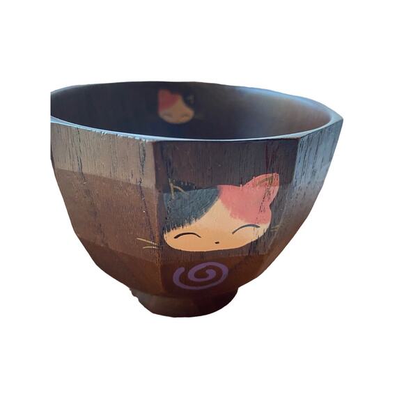 Acacia Wood Footed Rice Soup 4 Bowls Owl And Cat Graphics W/2 Small Spoons - Picture 5 of 12